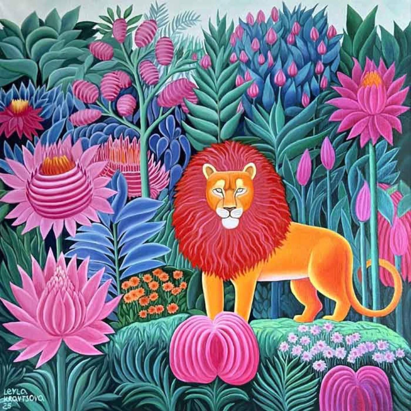 A lion in the forest, 100x100cm, oil on canvas