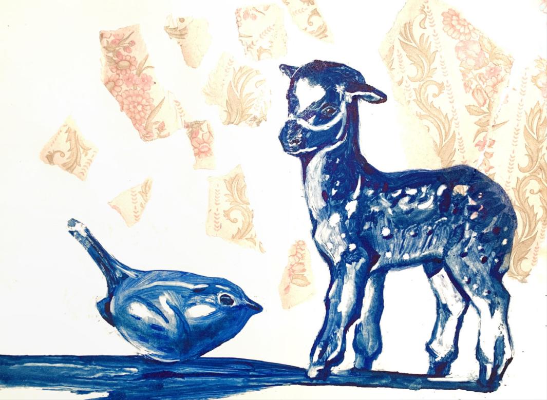 Das Lamm und der Spatz, 23x33cm, Monotypie/Papier – Art von Ekaterina Romashkova