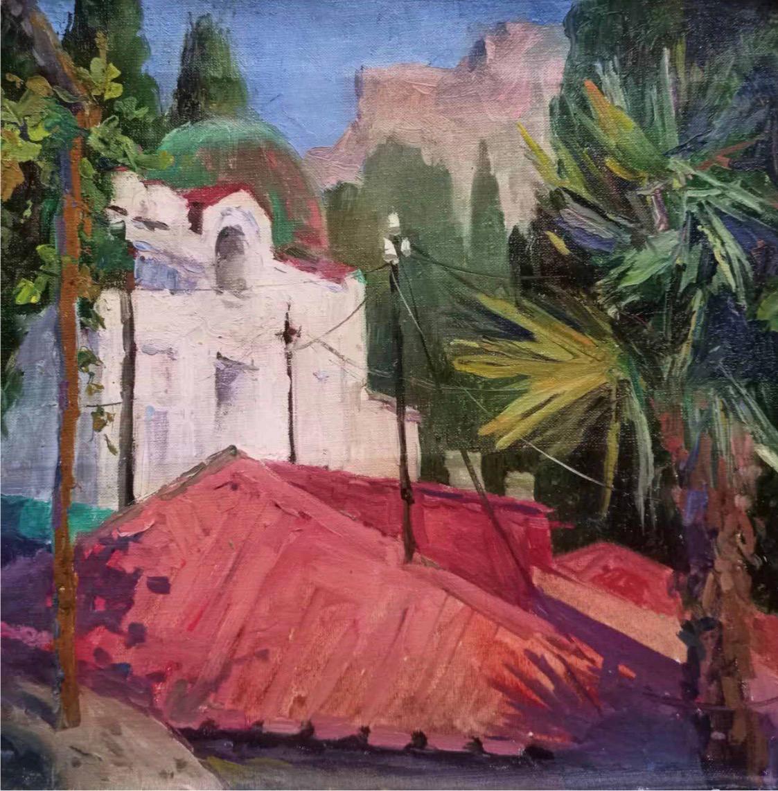 Roofs , 40x40 cm, oil on canvas - Art by Ksenia Saldaeva