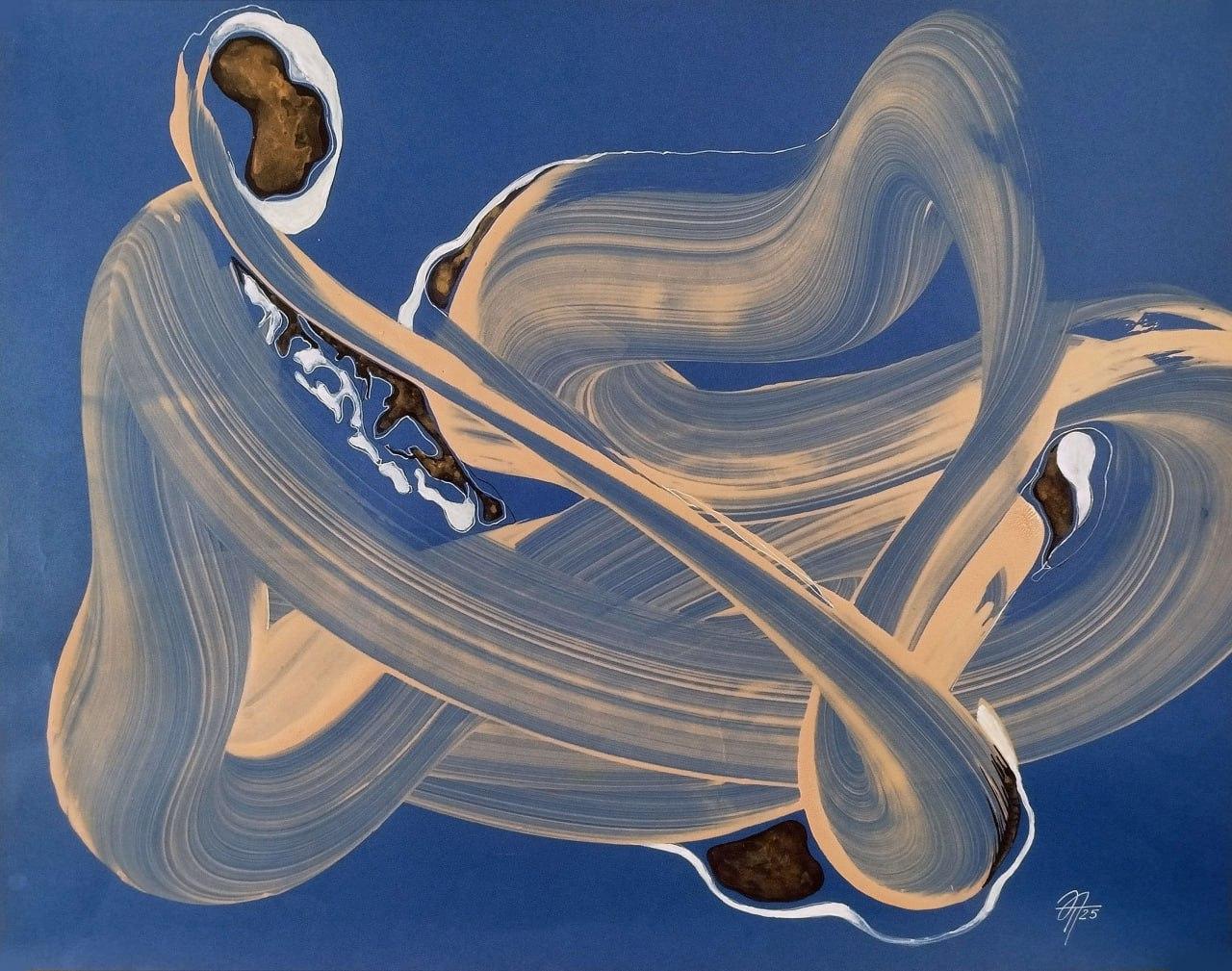 Abstract Drawing de Tatiana Nega - Errores de software, 62x49 cm, acrílico sobre papel azul