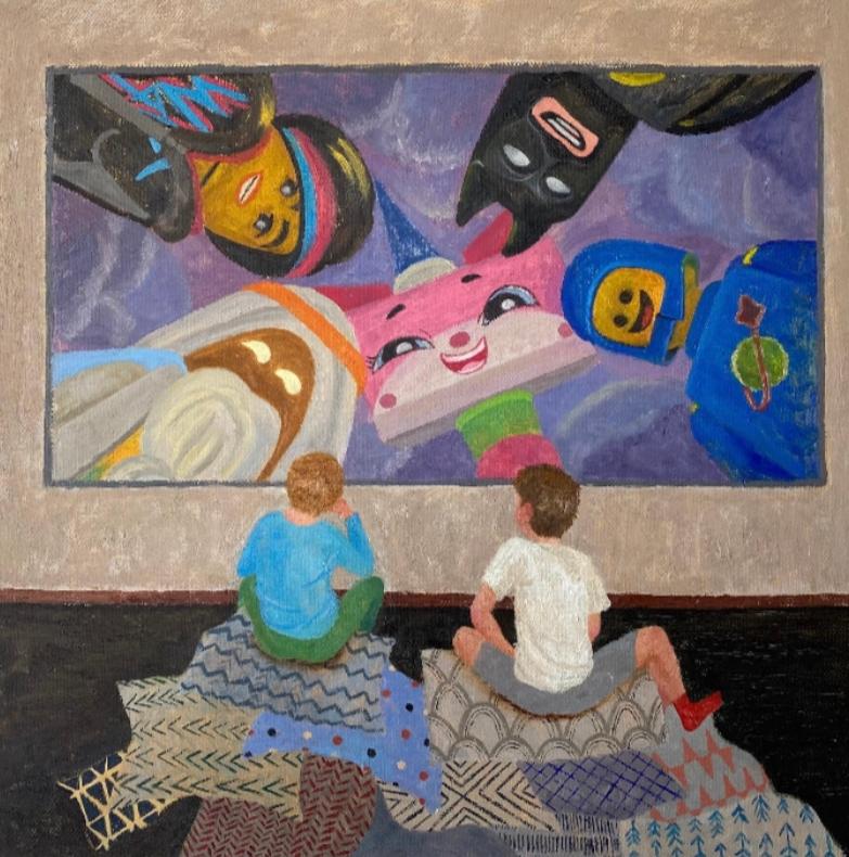 Watching (Lego movie) 60*60 cm, canvas/oil 2022 - Painting by Elena Ermuraki