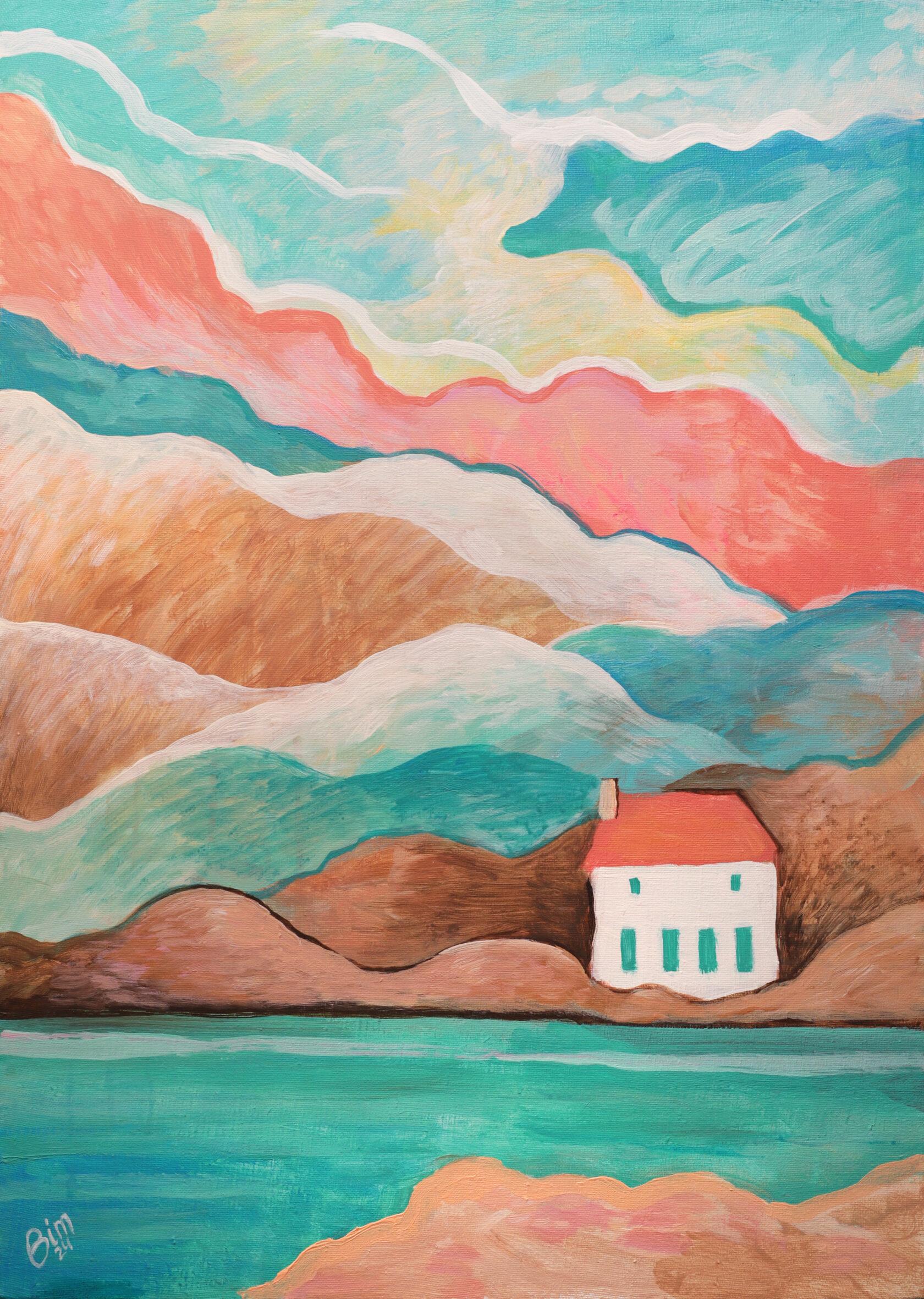 Mountain lake, 70x50cm, acrylic on canvas - Painting by Katya Bim