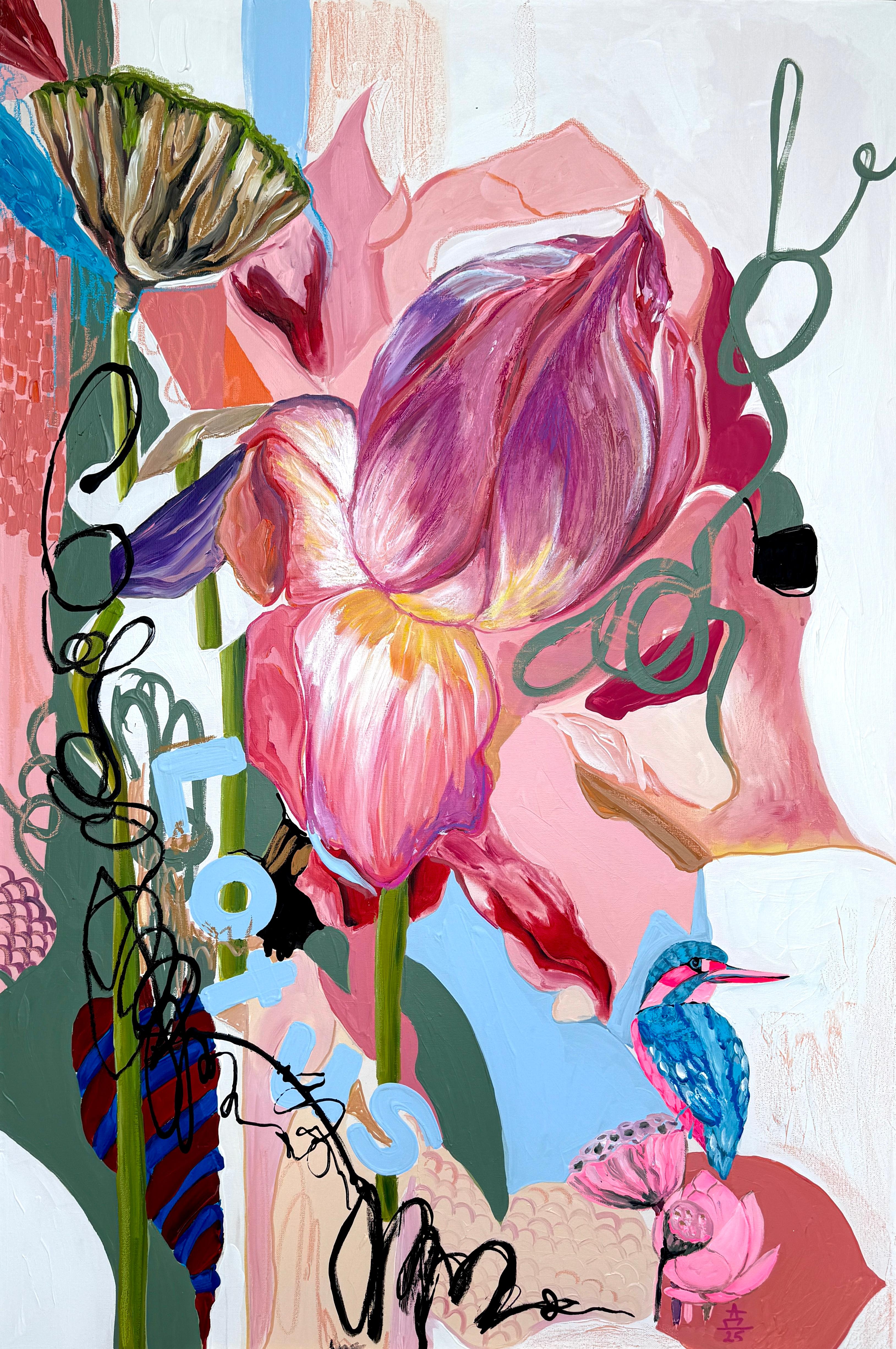 Bird in lotuses,  Canvas, mixed media, 120x80cm - Mixed Media Art by Daria Ilyukhina