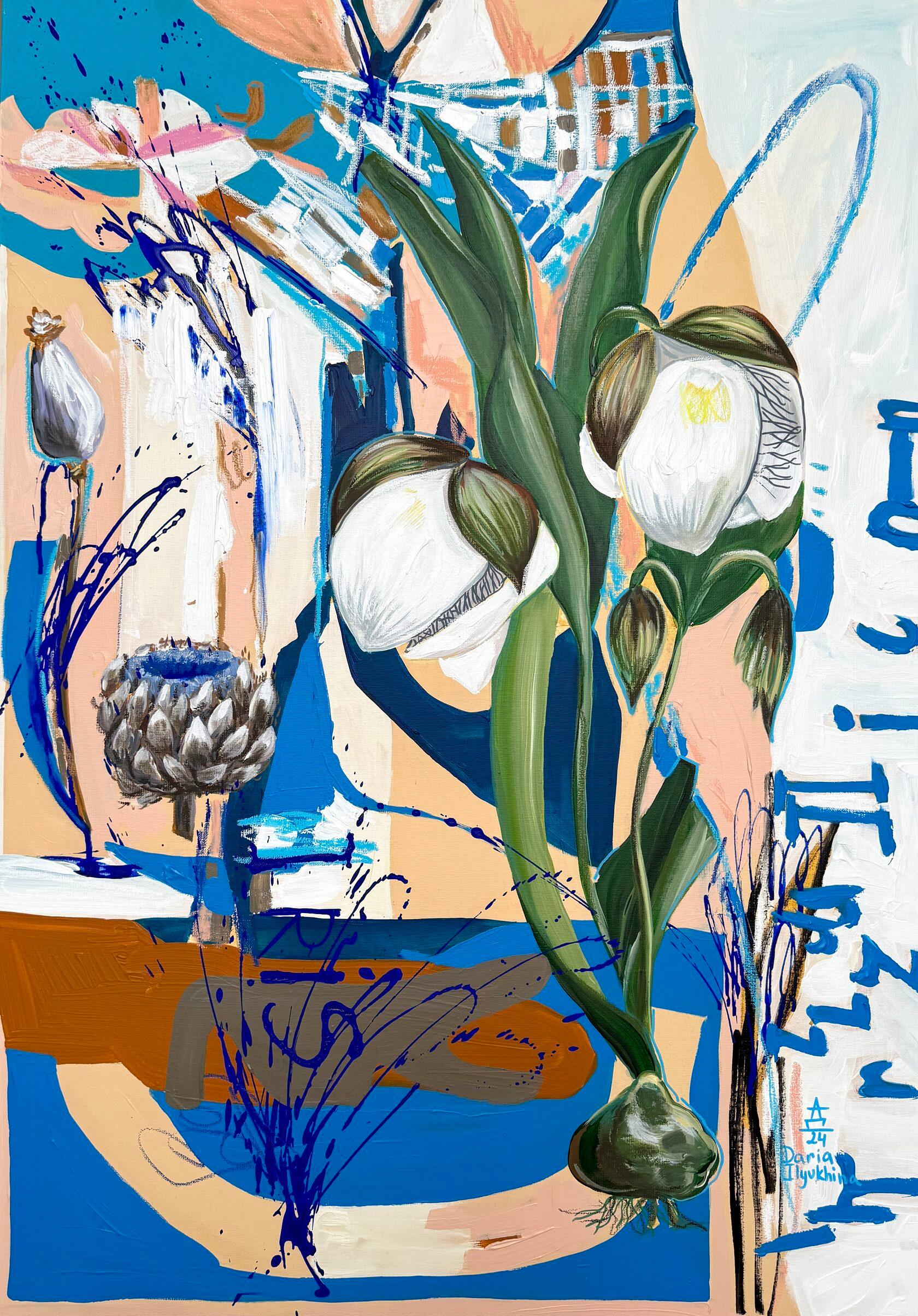 Calochortus white on blue,  Canvas, mixed media, 100x70cm - Mixed Media Art by Daria Ilyukhina
