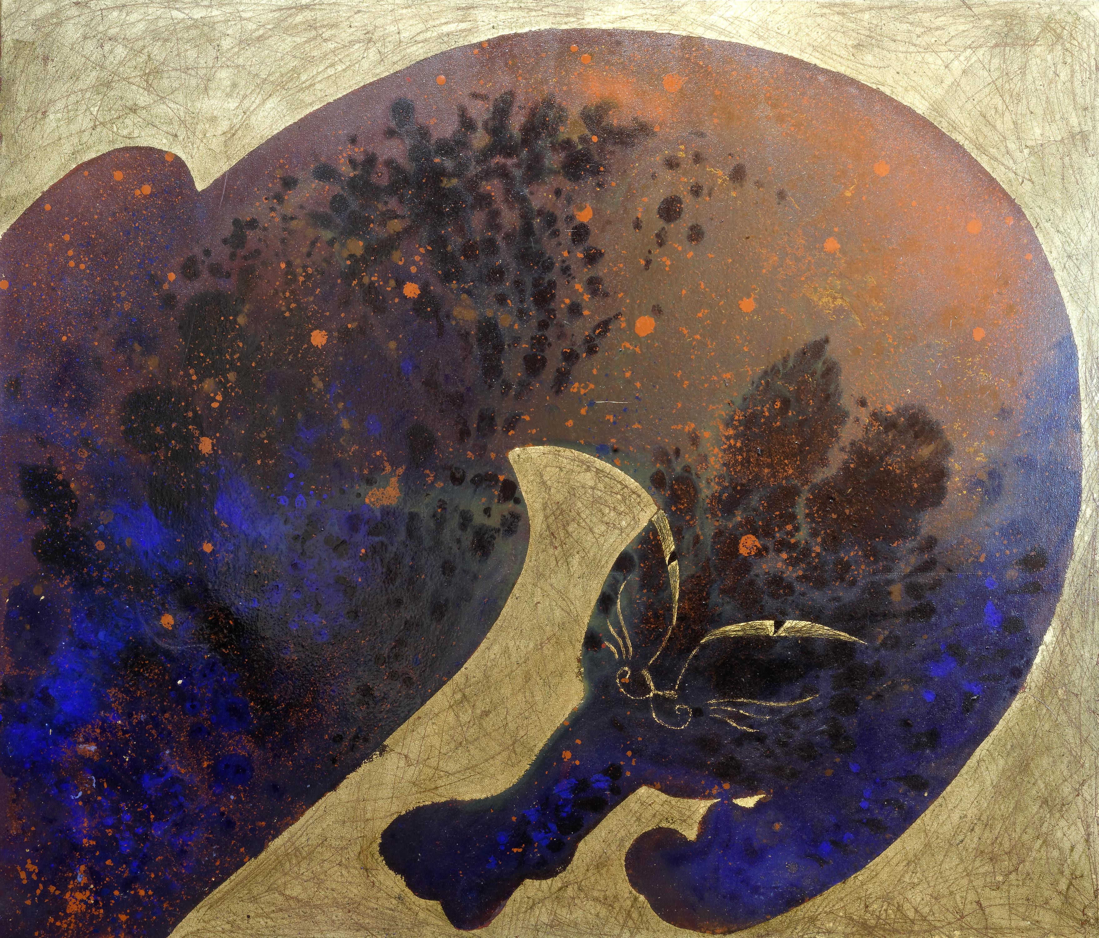 Cat, Acrylic on canvas, gold leaf , 100x120 cm