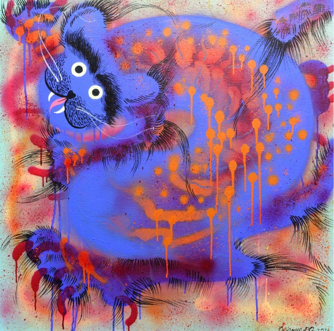 Anna Onik Figurative Painting - Blue cat, Acrylic on canvas 80x80 cm