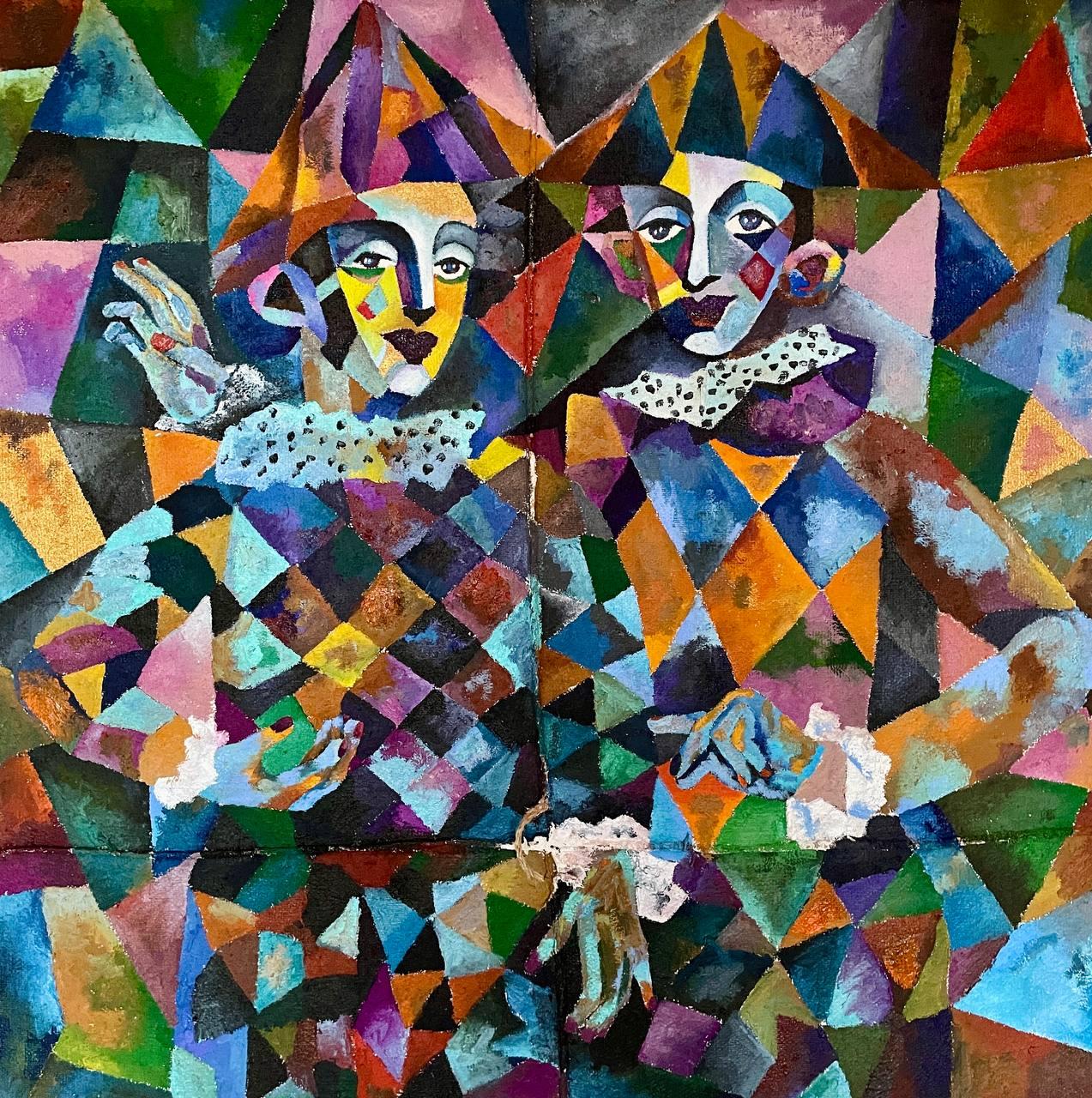 Arte-duo, 120x120 cm, coffee bag, oil, sand