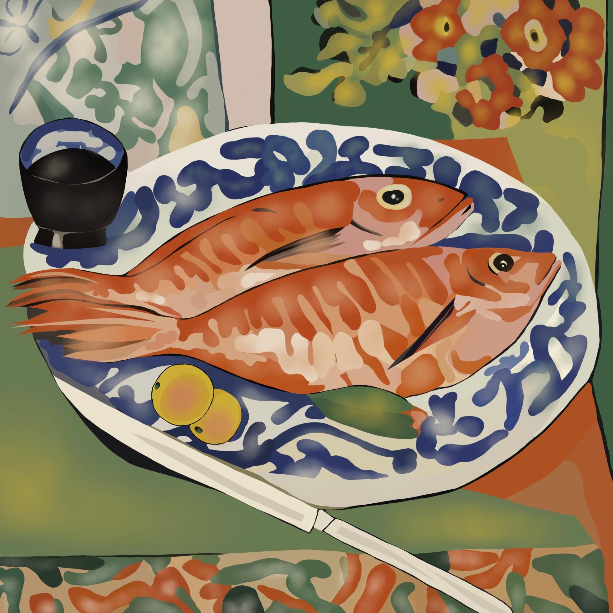 Still life with fish, 70x70cm, print on canvas.Edition 20 pcs.