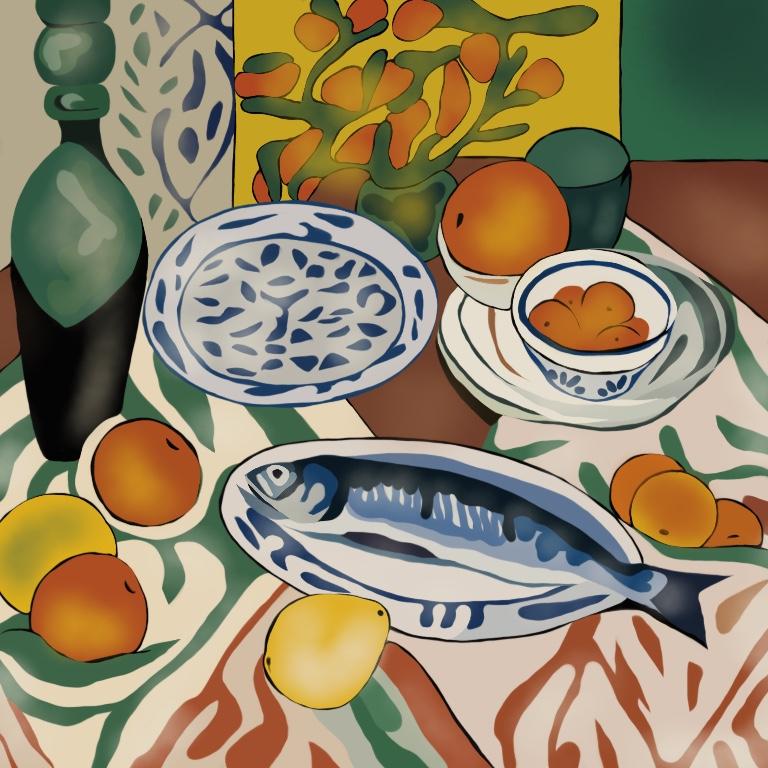 Still life with fish, 70x70cm, print on canvas.Edition 20 pcs.