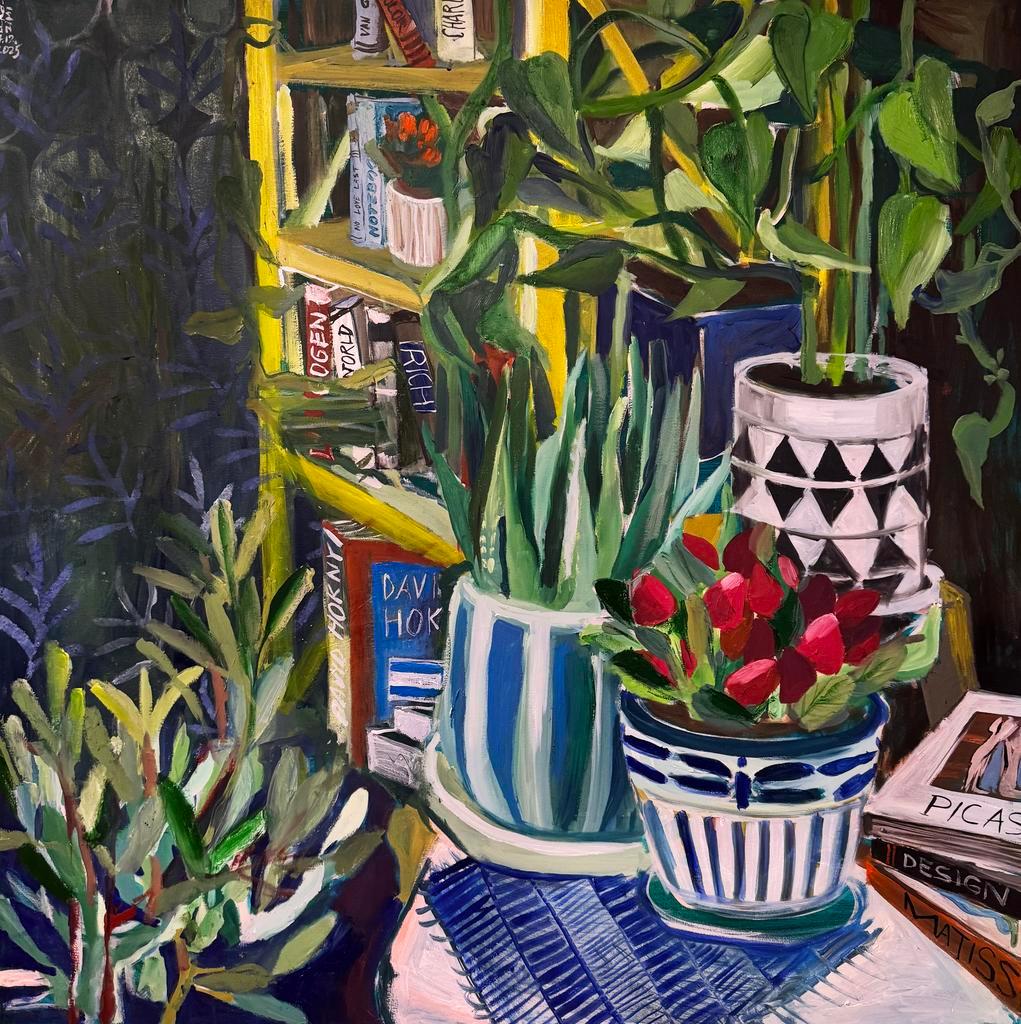 Still life with books, 100x100cm, oil on canvas - Art by Lera Zimyatova