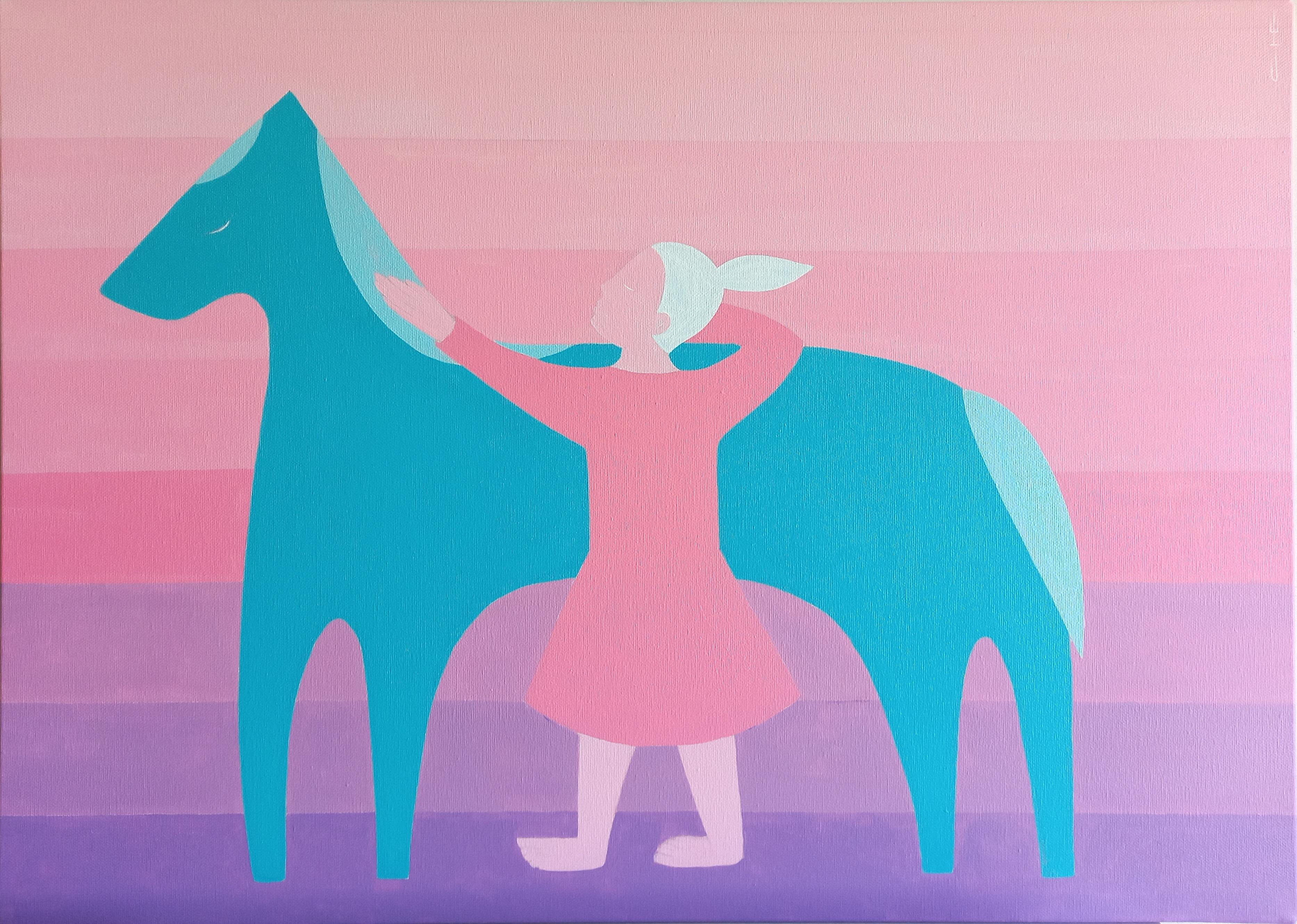 Jeune fille avec un cheval, 50x70 cm, acrylique sur toile