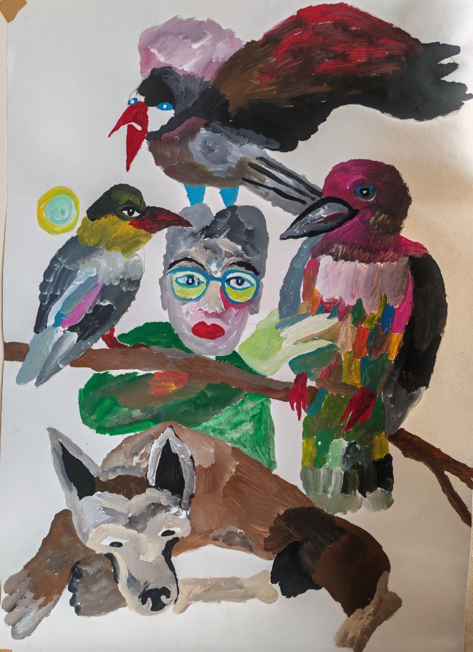 Wolf and Crow Guard, 118х 84 cm, acrylic on pay