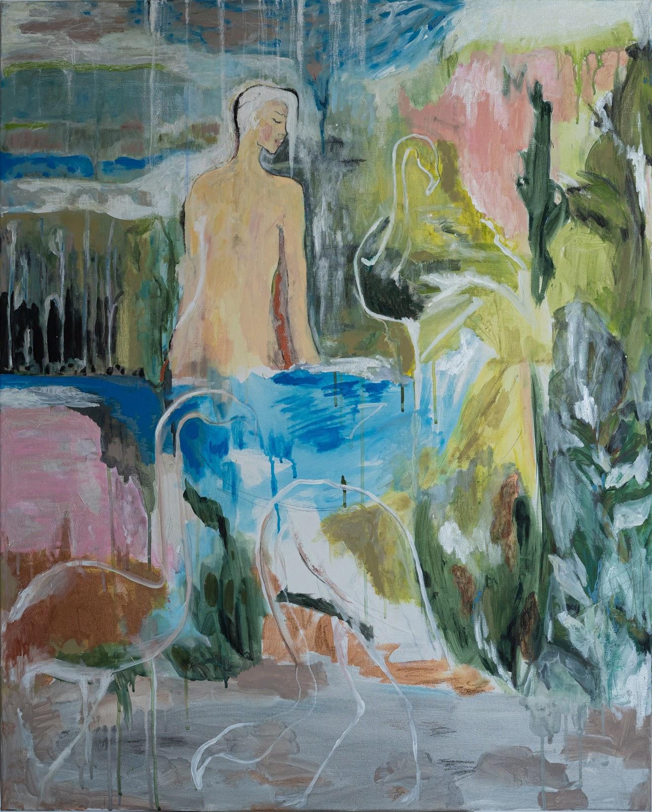 Alexandra Strogonova Figurative Painting - Sinks the sun as a flamingo, 100x80cm, acrylic, pastel, canvas