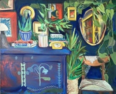 Blue chest of drawers with books, 100x120 cm, oil on canvas