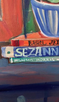 Blue chest of drawers with books, 100x120 cm, oil on canvas