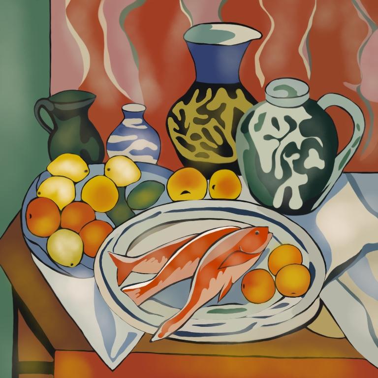 Still life with fish, 70x70cm, print on canvas.Edition 20 pcs. - Art by Nina Tsoriti