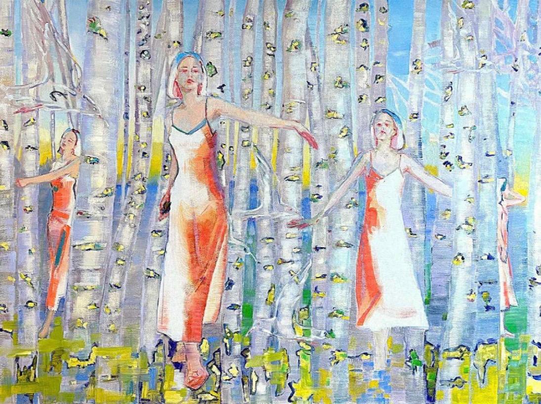 Shadows recede into the birch grove, 90x120cm , oil, canvas - Painting by Olga Bordey