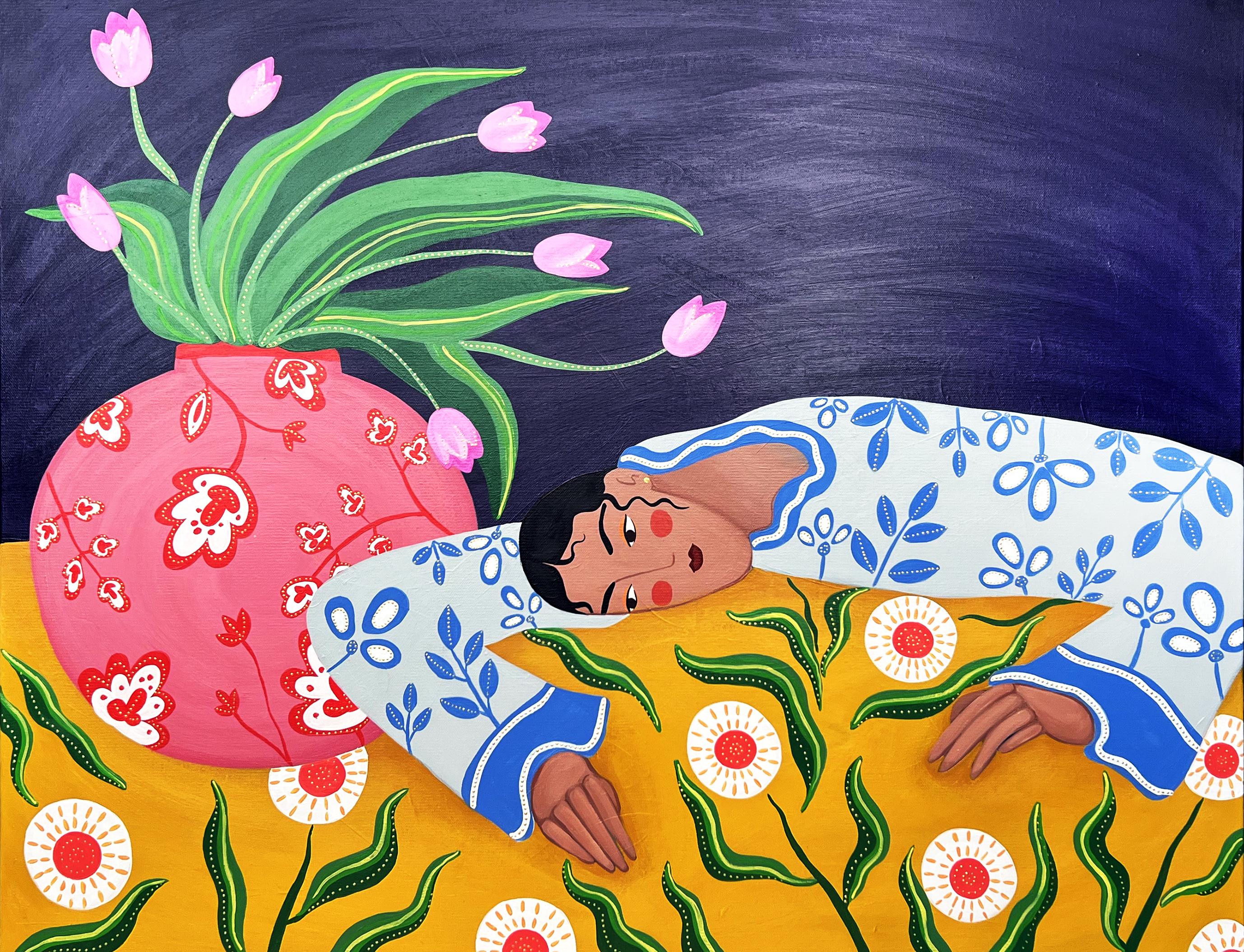 Mantel floral, 80x100 cm, acrílico sobre lienzo - Painting de Ksenia Khramtsova