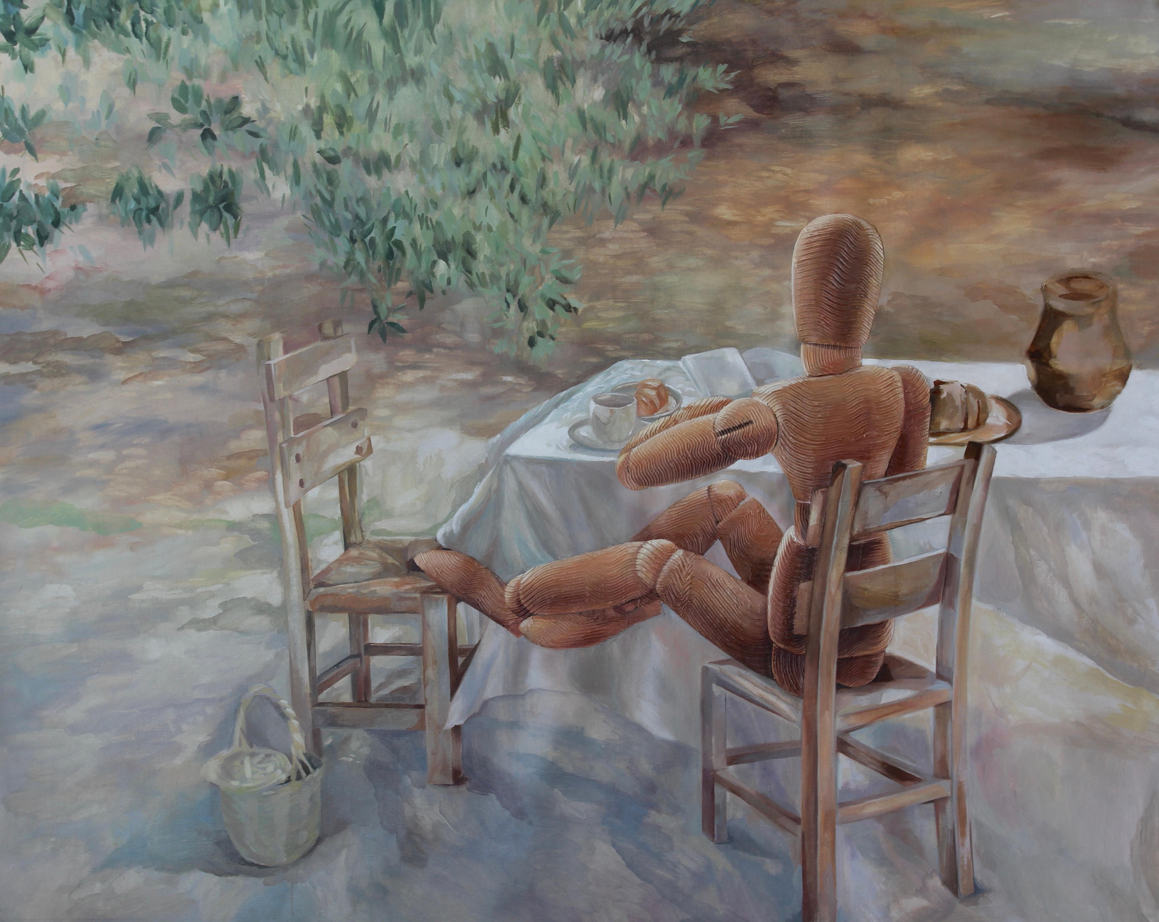 Reading over Breakfast, 90x120cm, Acryl auf Leinwand – Art von Irina Aleksandrova