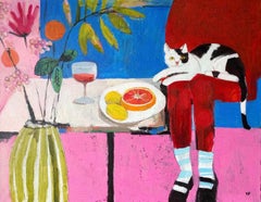 Cat, flowers, wine, 70x90 cm, acrylic on canvas