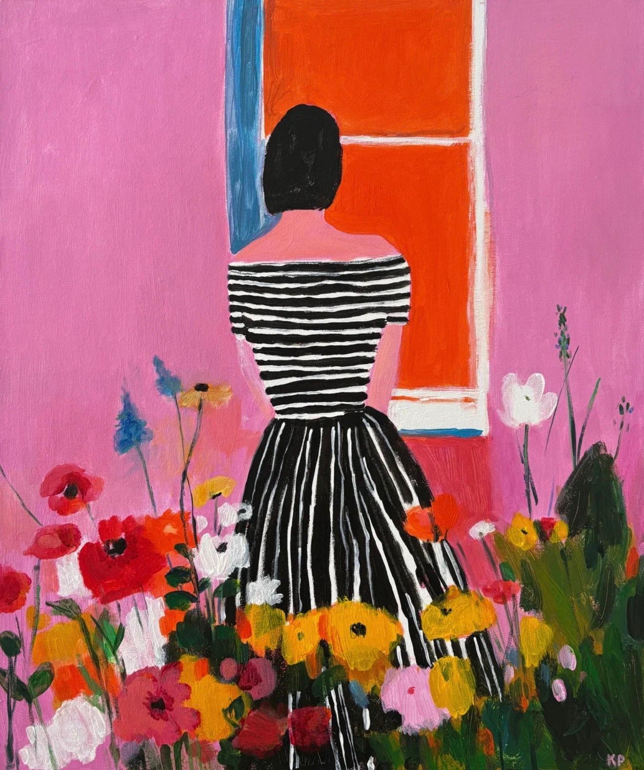 A girl at the window with flowers, 60x50 cm, acrylic on canvas