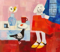 Tea party with a dog, 60x70 cm, acrylic on canvas