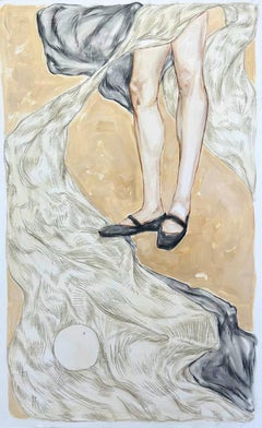 Con il flusso, 130x80 cm, olio, acrilico, carbone, tela