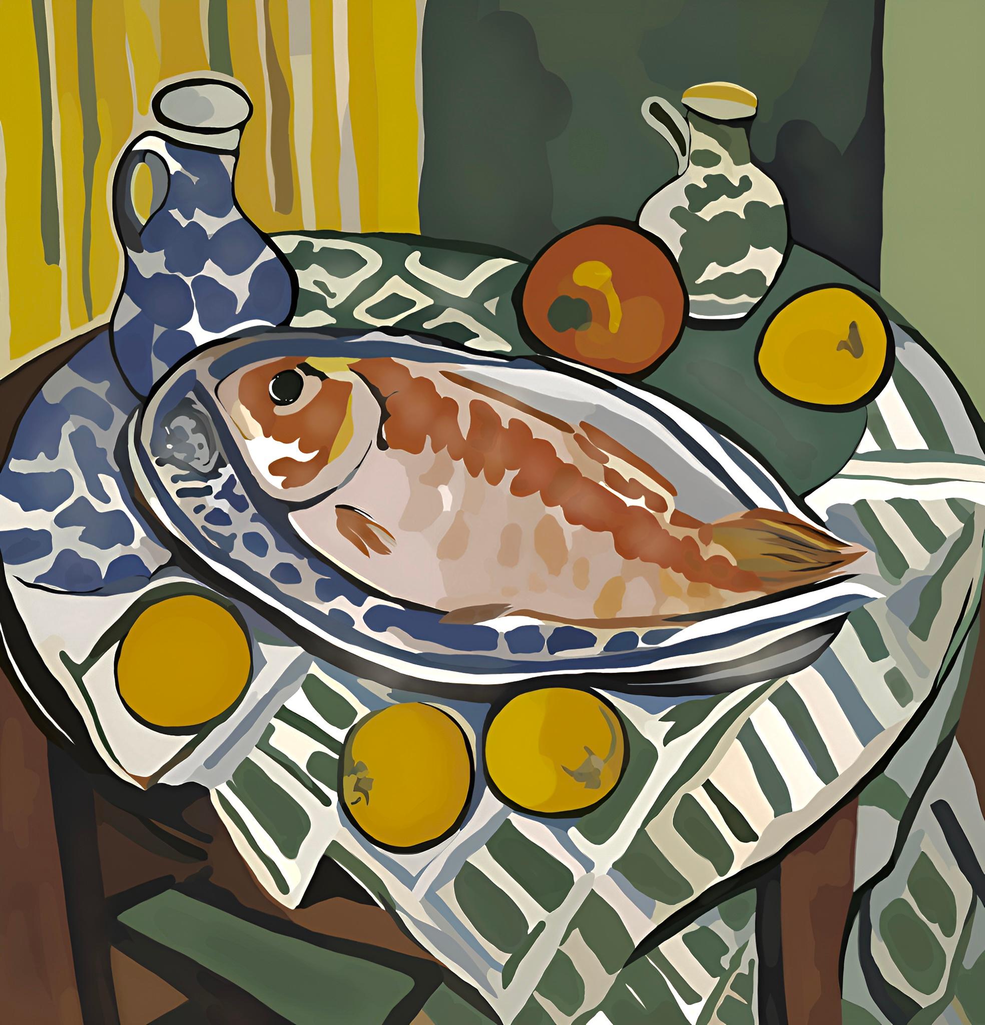 Still life with fish, 70x70cm, print on canvas.Edition 20 pcs. - Print by Nina Tsoriti