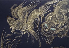 The Cat and the Rooster, 30x42 cm, Black watercolor paper, gold ink, watercolor