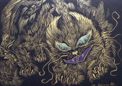Chat doré sur fond noir, 30x42 cm, Papier aquarelle noir, encre dorée, aquarelle