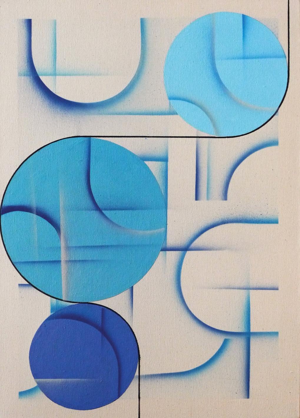 3 blue circles. 70x50cm, acrylic on canvas - Art by Olga Rikun