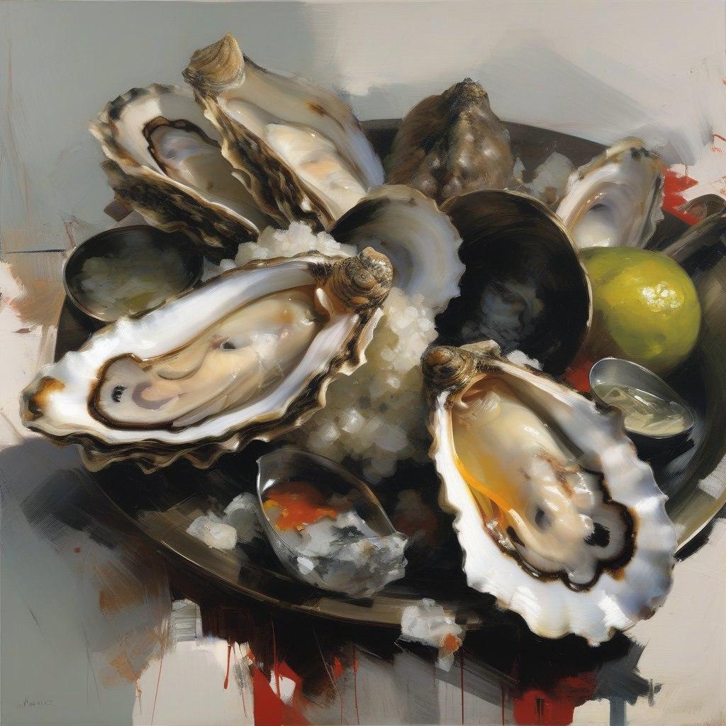 Still life with oysters, 80х80cm, print on canvas.Edition of 20 pieces - Art by Peter Simakov