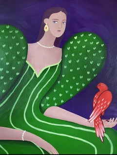 Signora con uccello, 60x50 cm, acrilico su tela