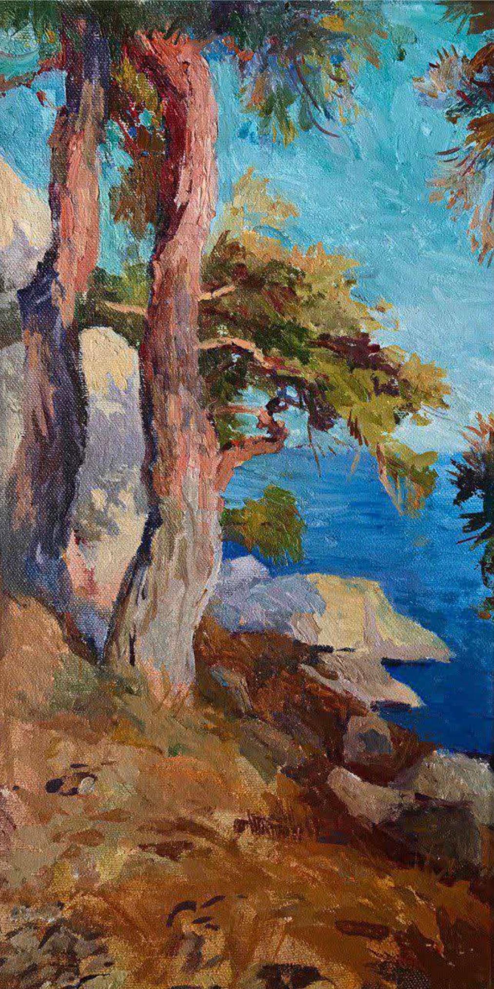 Ksenia Saldaeva Figurative Painting - Two pines , 60x25 cm, oil on canvas