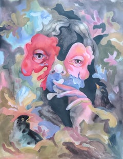 Pajaritos negros. 54 x 44 cm, acuarela, papel, gouache y lápices de colores.