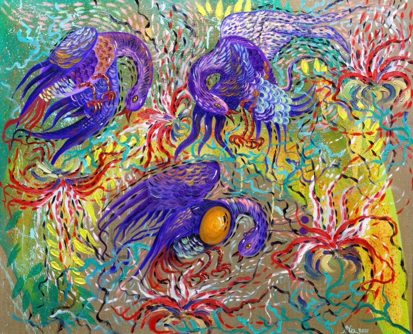 Figurative Painting Anna Onik - Les oiseaux dansent dans le jardin , Acrylique sur toile, 80x100 cm