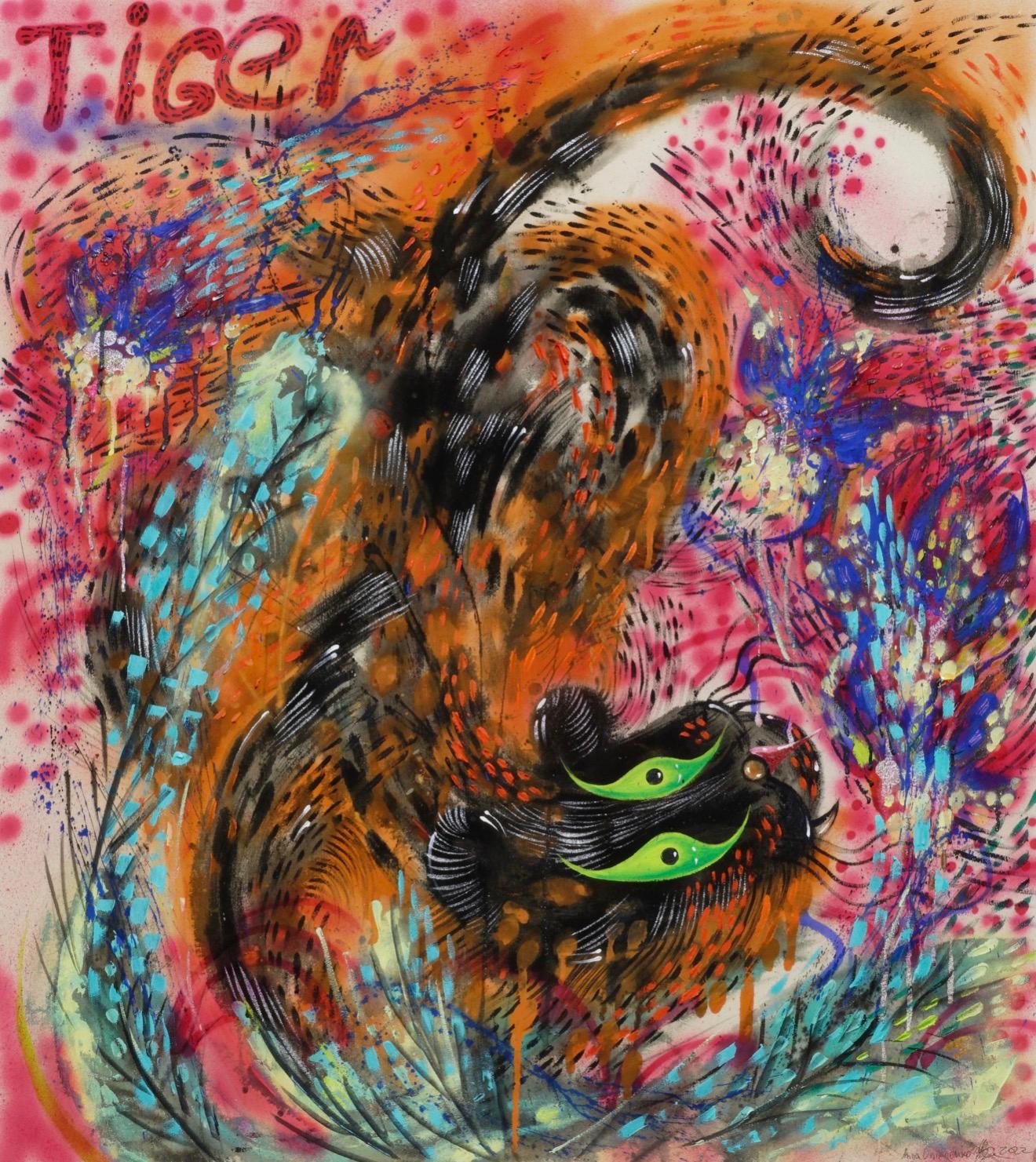 Anna Onik Figurative Painting - Tiger, Acrylic on canvas, 100x90 cm