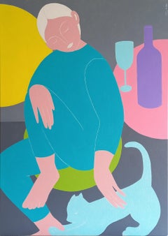 Mit einer blauen Katze. Auf dem rosafarbenen Tisch, 70x50cm