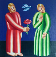 Couple. Red flower. 70x70cm, oil on canvas