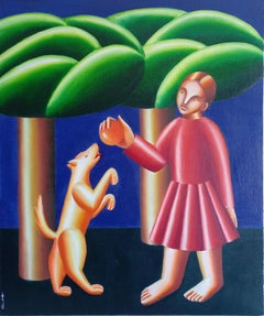 Playing with a dog in the forest, 60x50cm, oil on canvas