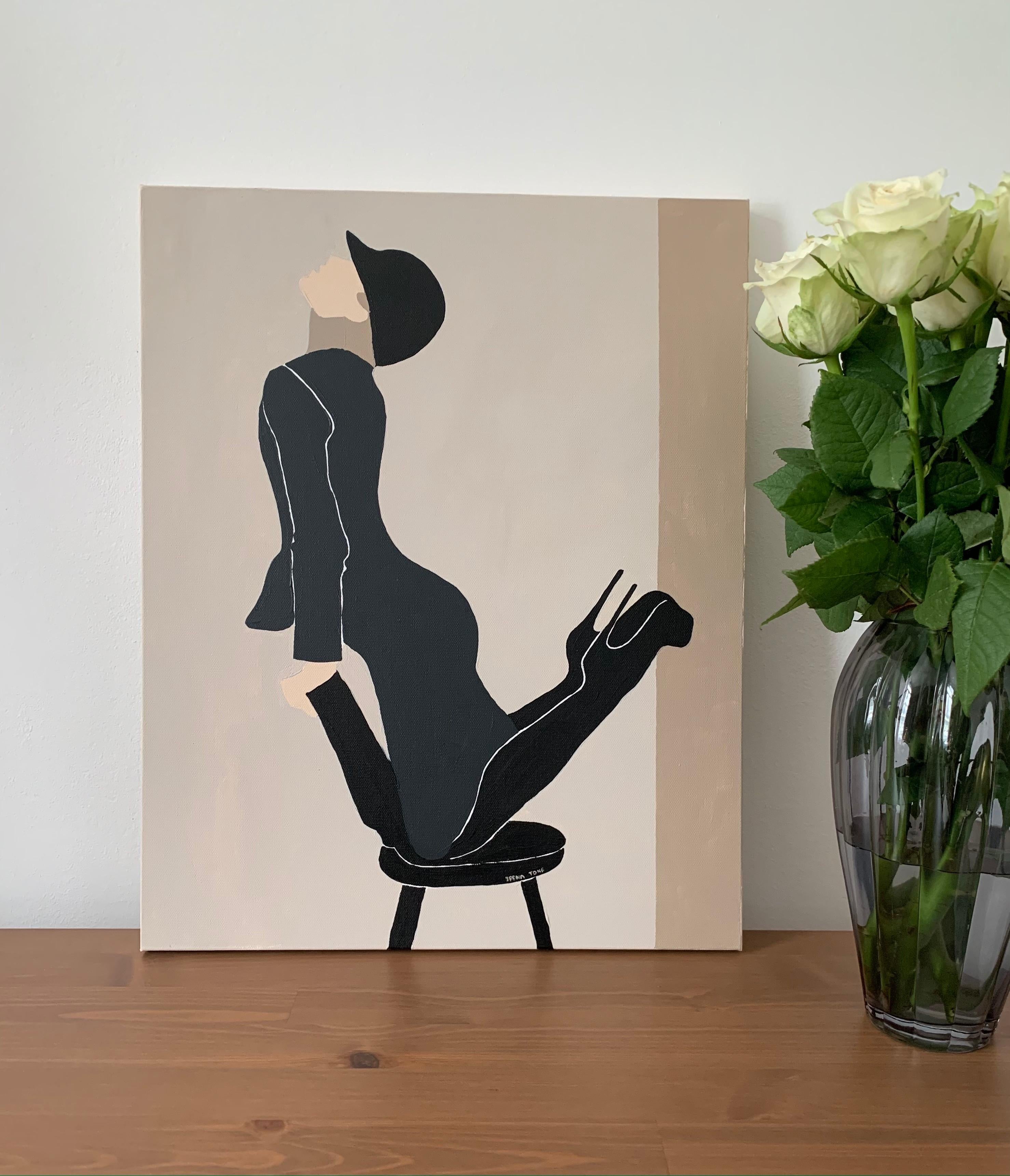 Beige: stool, abstract minimalist woman portrait in beige and black colors - Painting by Irena Tone