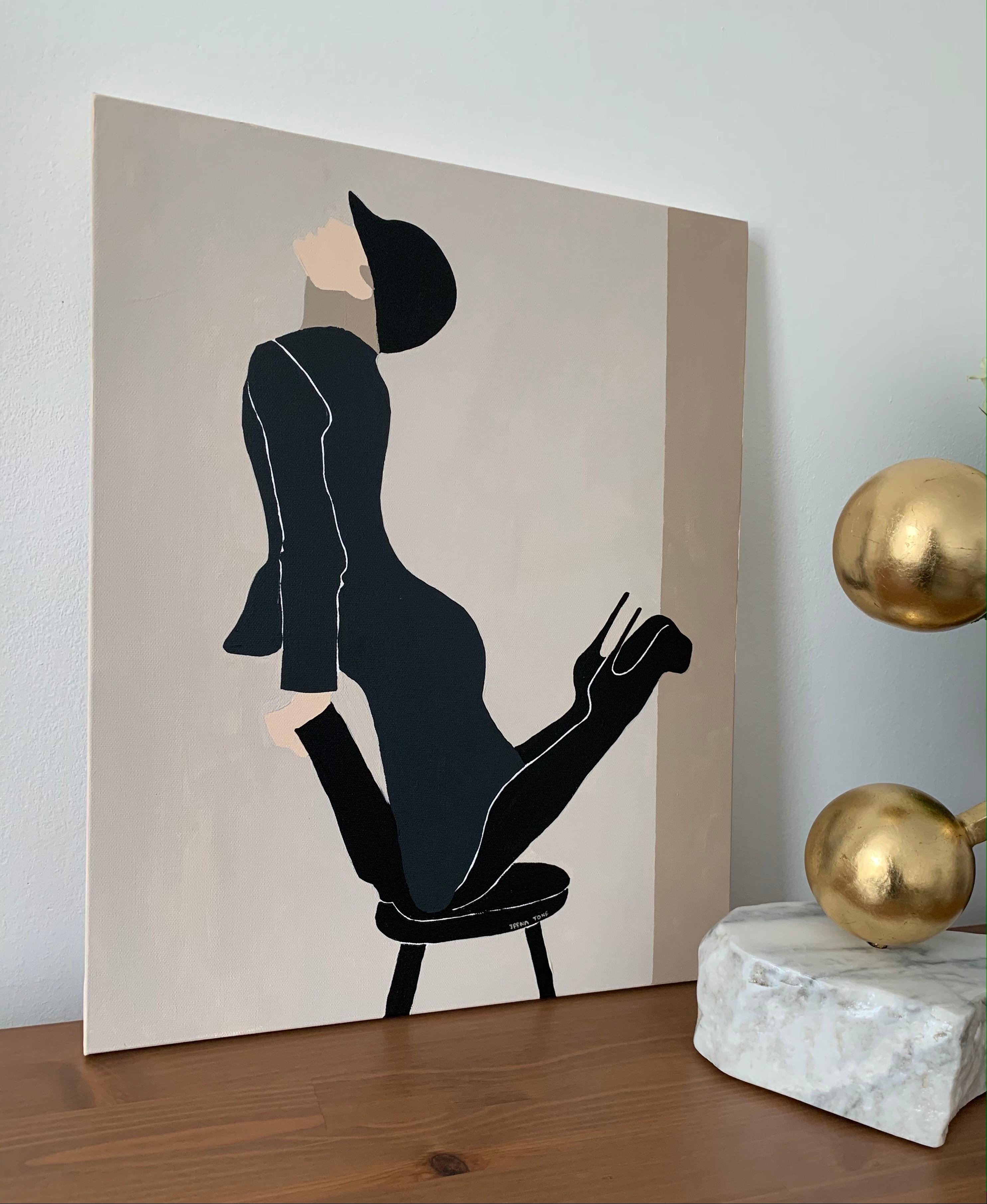 Beige: stool, abstract minimalist woman portrait in beige and black colors - Abstract Geometric Painting by Irena Tone