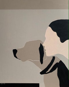 Beige: dog, abstract minimalist woman portrait in beige and black colors