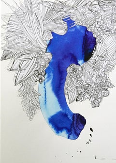 P.X. Joie, colored watercolor abstract nature, blue, black and white on paper