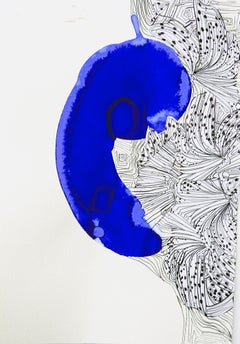 P.X. Zehn Kleiderschmuck, abstraktes Aquarell in Naturblau, Schwarz und Weiß von L Le Constant