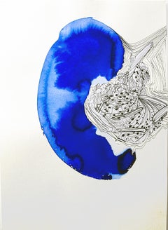 P.X. Réveil, aquarelle abstraite nature bleu noir et blanc par L Le Constant