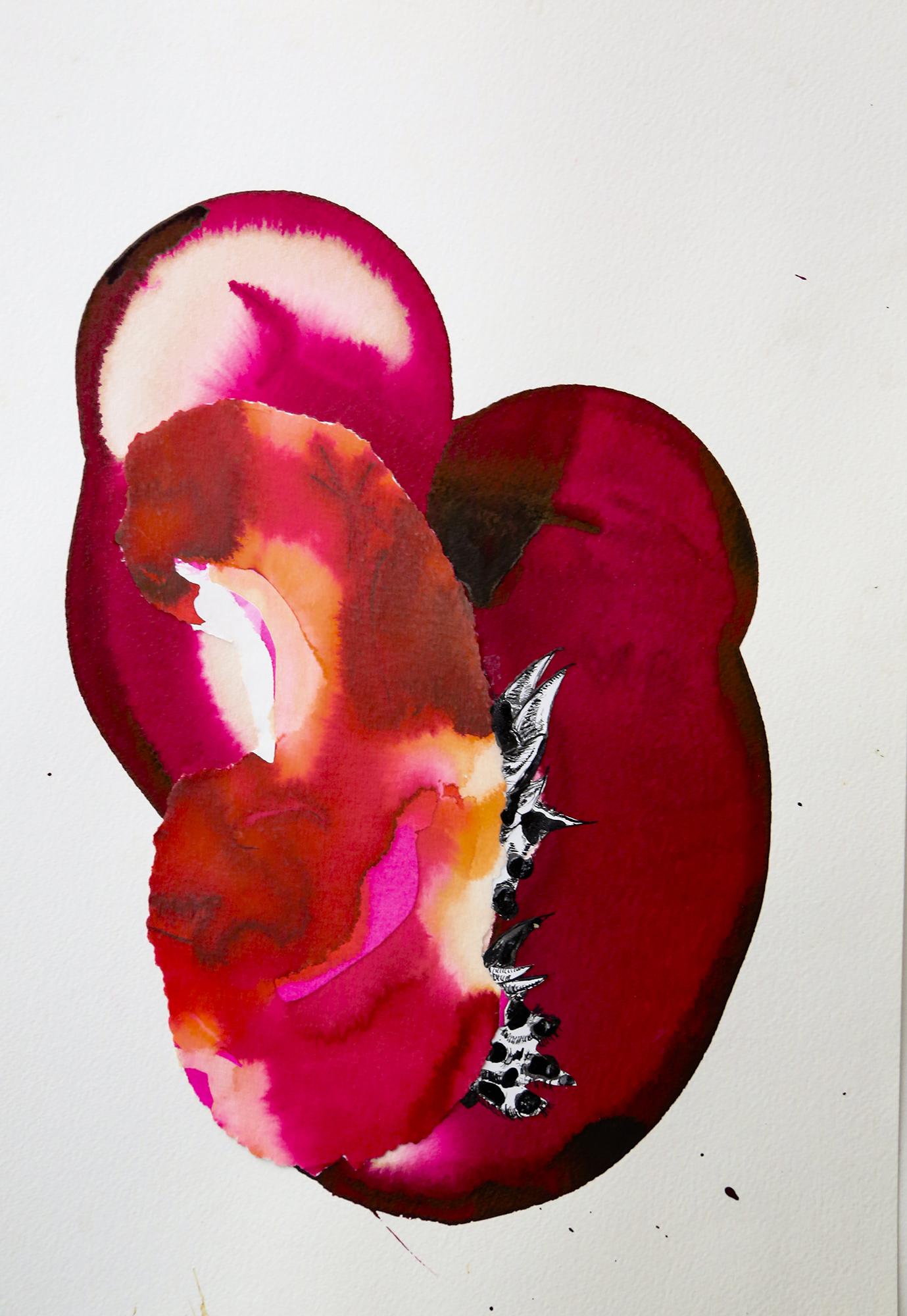 Laurence Le Constant Abstract Drawing - P.X. Désirée, abstract watercolor, ink on paper, red flowers inspiration