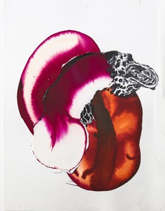P.X. Ecoute, aquarelle abstraite, encre sur papier, inspiration florale rouge
