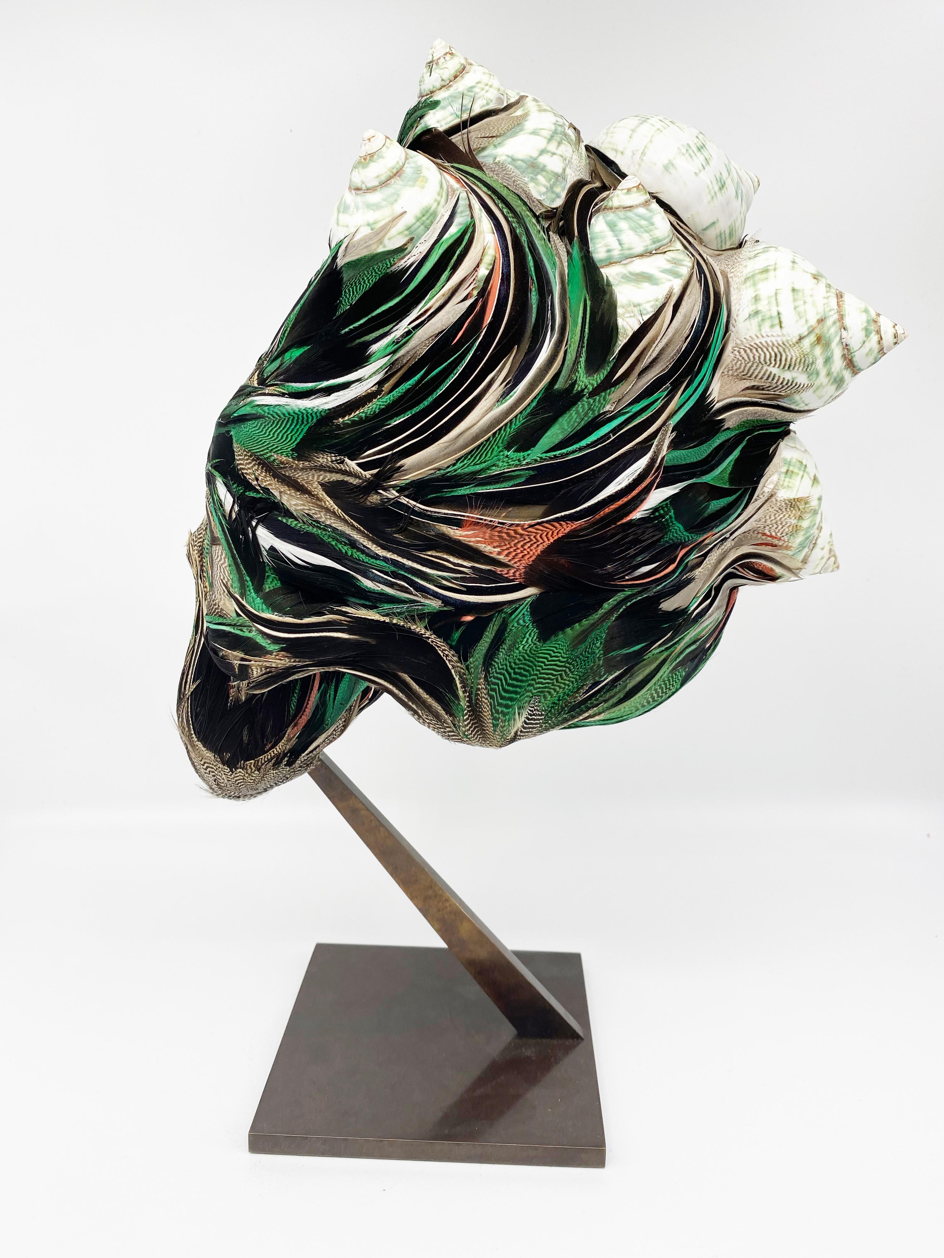 Kiko, Skull, Recycled feathers and Nocibe shells on resin, base in brass - Gray Figurative Sculpture by Laurence Le Constant