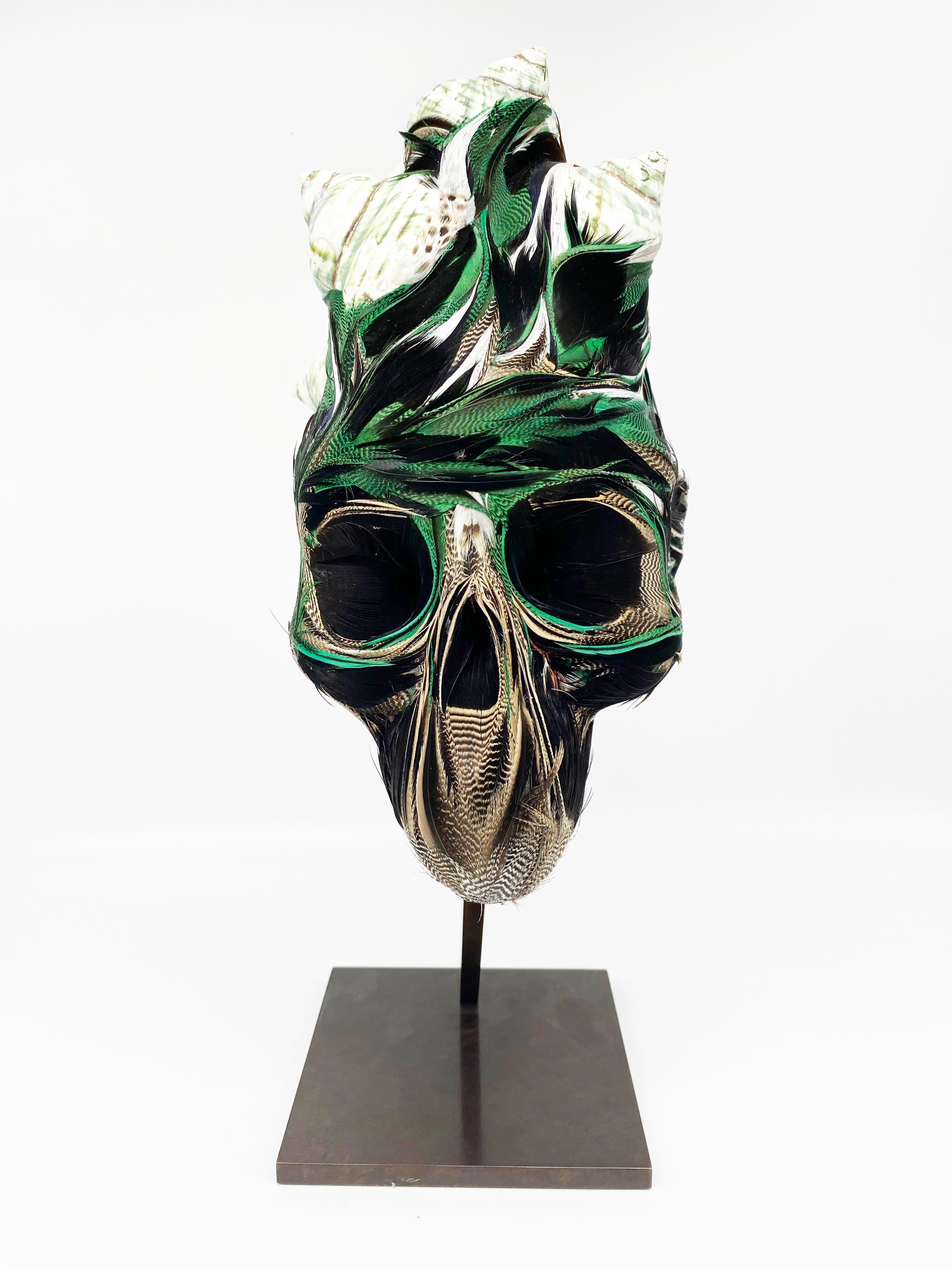 Laurence Le Constant Figurative Sculpture - Kiko, Skull, Recycled feathers and Nocibe shells on resin, base in brass